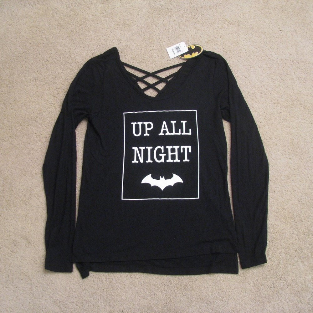 Up All Night Long Sleeve Graphic Tee NEW Size M Black White Moody Vampire Goth